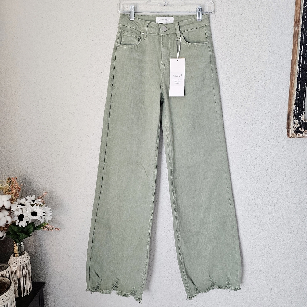 RISEN High Rise Wide Leg Olive Denim Jeans Classic Frayed Hem Size 1/25 NEW - Picture 6 of 15